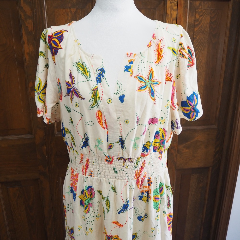 Sugarlips Cornelia Linen Blend Maxi Dress Sz XL Tired Smock Waist Boho Floral - Picture 2 of 15